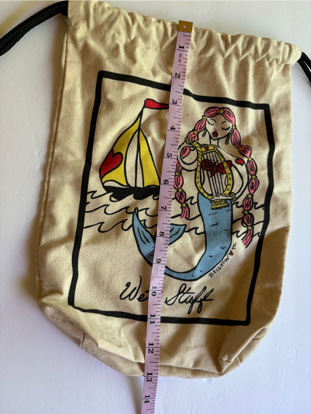Rare! Brighton Drawstring Pouch in Cream with Mermaid Print - Picture 5 of 7